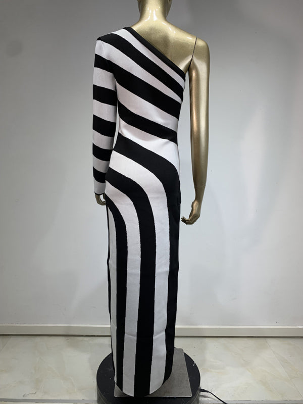 Zebra Print One Shoulder Long Sleeve Bare Leg Bandage Dress Banquet Party Dress