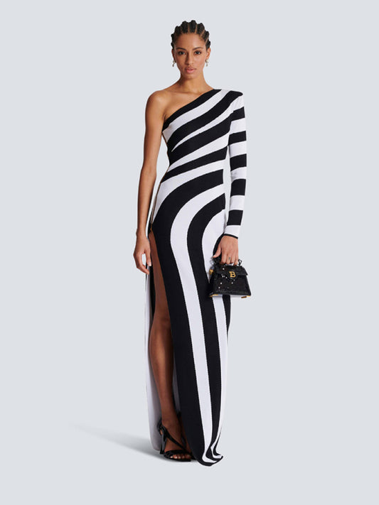 Zebra Print One Shoulder Long Sleeve Bare Leg Bandage Dress Banquet Party Dress