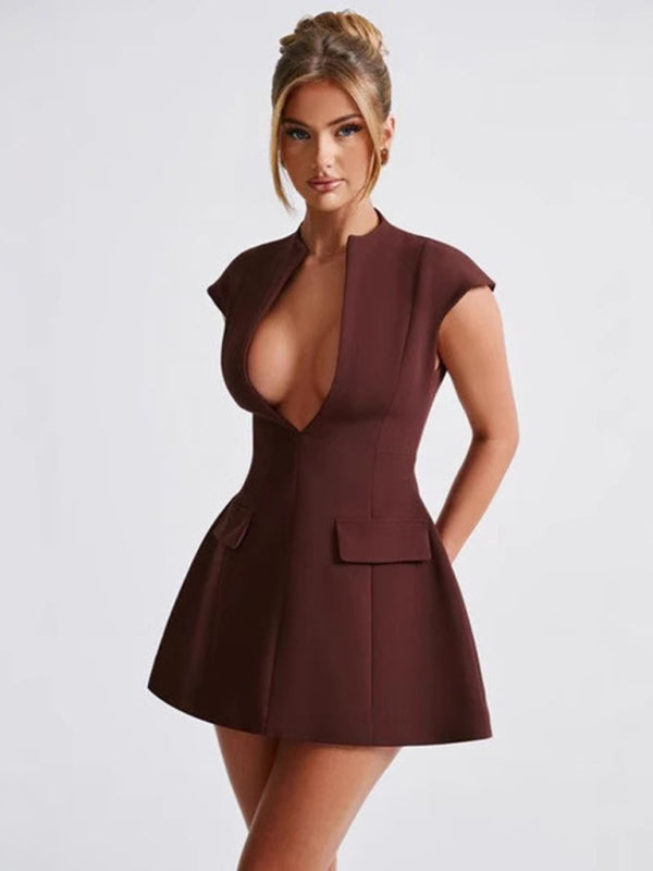 New solid color pocket sleeveless sexy V-neck high waist short dress