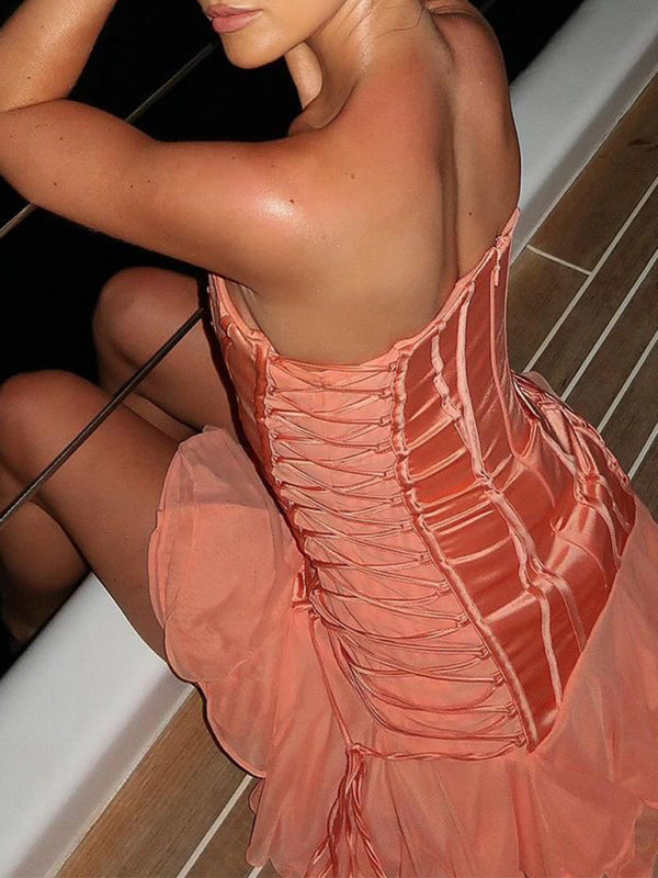 Strapless halter back chiffon stitching sexy dress