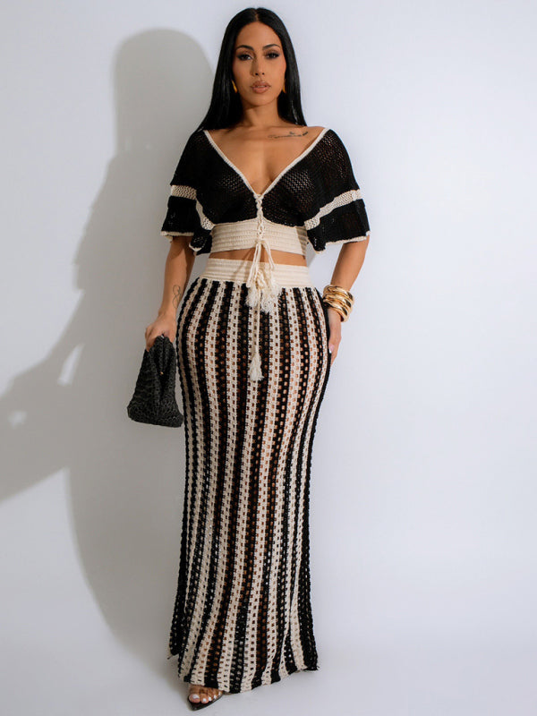 、Women's Sexy V-neck Hollow Striped Knitted Long Skirt SuWomen's Sexy V-neck Hollow Striped Knitted Long Skirt Set