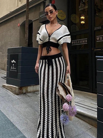 、Women's Sexy V-neck Hollow Striped Knitted Long Skirt SuWomen's Sexy V-neck Hollow Striped Knitted Long Skirt Set