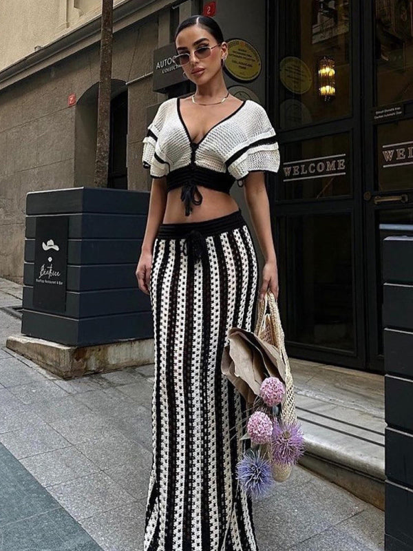 、Women's Sexy V-neck Hollow Striped Knitted Long Skirt SuWomen's Sexy V-neck Hollow Striped Knitted Long Skirt Set