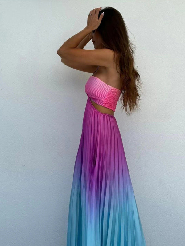 Gradient color halter neck pleated fashion long skirt ladies beach holiday dress