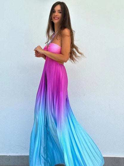 Gradient color halter neck pleated fashion long skirt ladies beach holiday dress