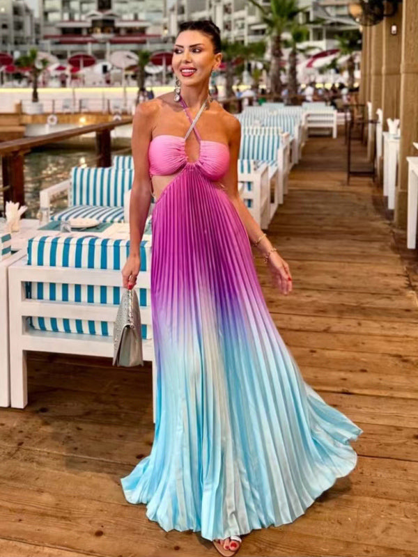 Gradient color halter neck pleated fashion long skirt ladies beach holiday dress