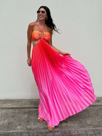 Gradient color halter neck pleated fashion long skirt ladies beach holiday dress