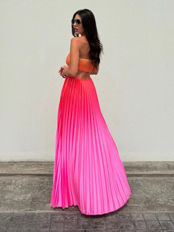 Gradient color halter neck pleated fashion long skirt ladies beach holiday dress