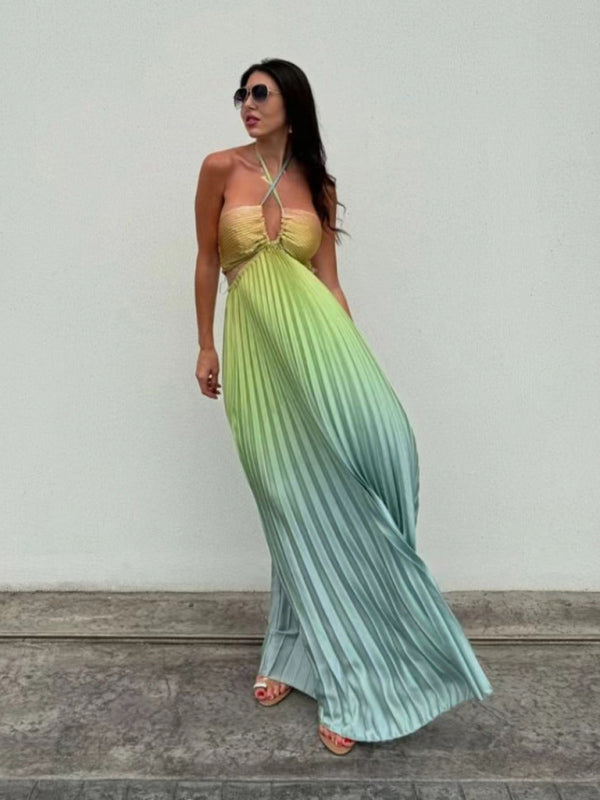 Gradient color halter neck pleated fashion long skirt ladies beach holiday dress