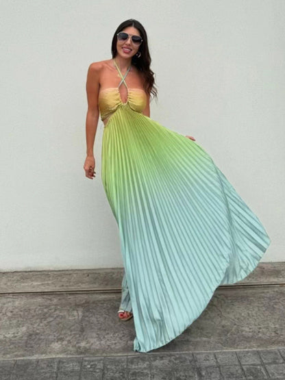 Gradient color halter neck pleated fashion long skirt ladies beach holiday dress