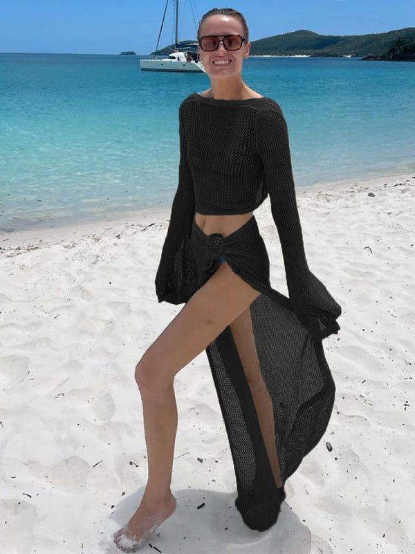 Hollow long-sleeved knitted two-piece short top beach sexy strappy skirt set