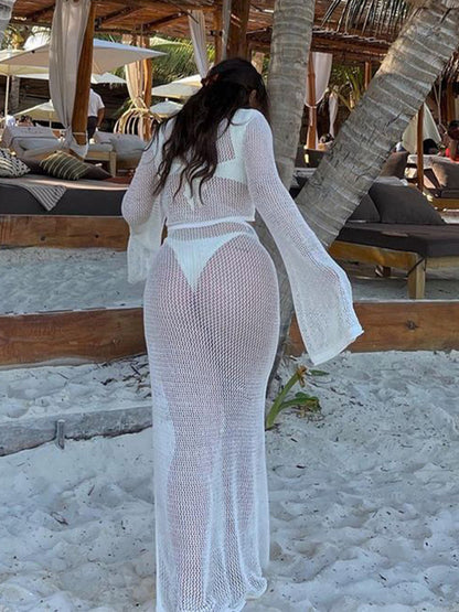 Hollow long-sleeved knitted two-piece short top beach sexy strappy skirt set