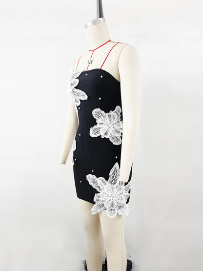 Christmas women's tube top beaded flower bandage dress knitted black short dress party skirt