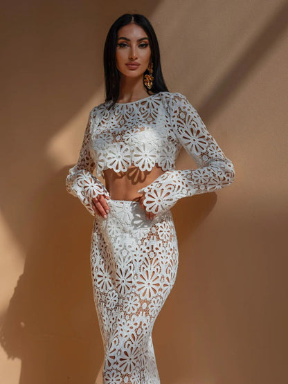 New hollow lace top + skirt two-piece set