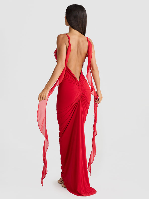 Hot girl's new sexy dress V-neck backless slim shoulder fishtail evening dress