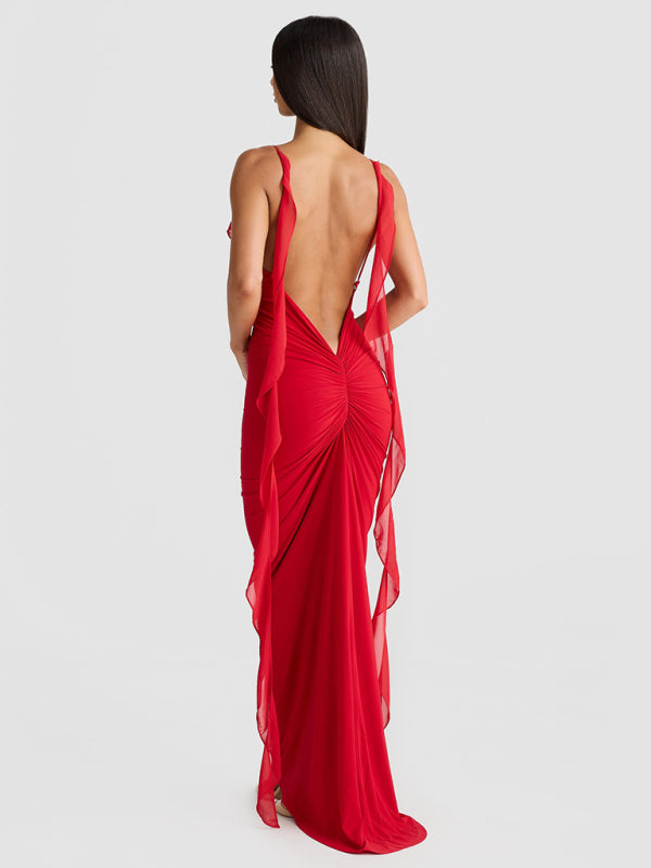 Hot girl's new sexy dress V-neck backless slim shoulder fishtail evening dress