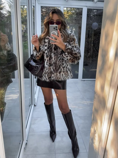 New Wild Leopard Print Short Lapel Furry Coat