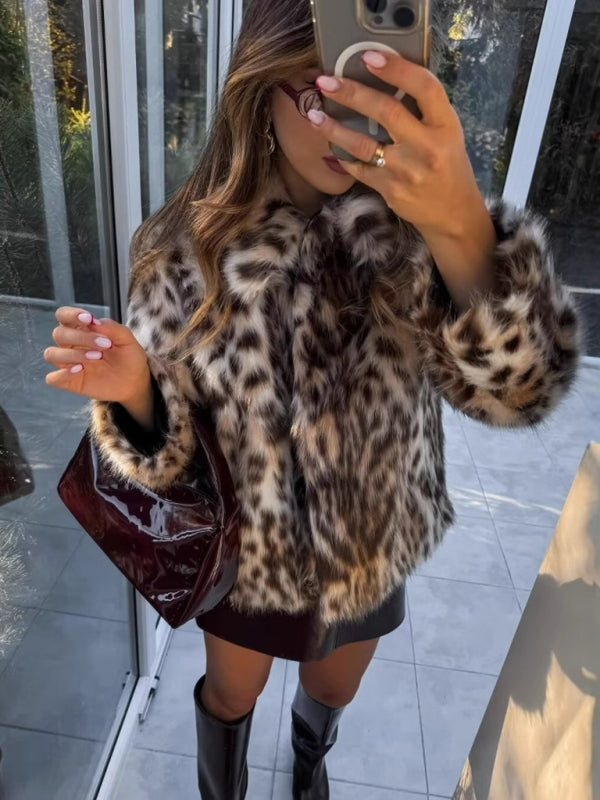 New Wild Leopard Print Short Lapel Furry Coat