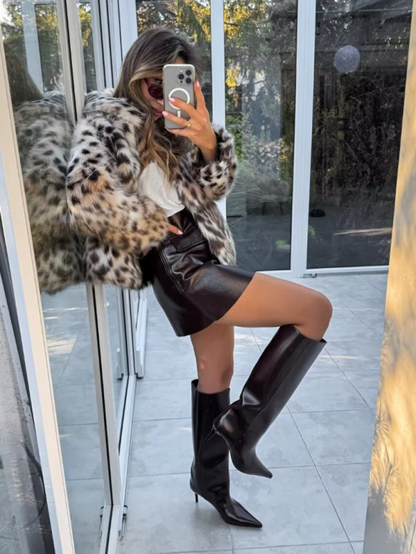 New Wild Leopard Print Short Lapel Furry Coat